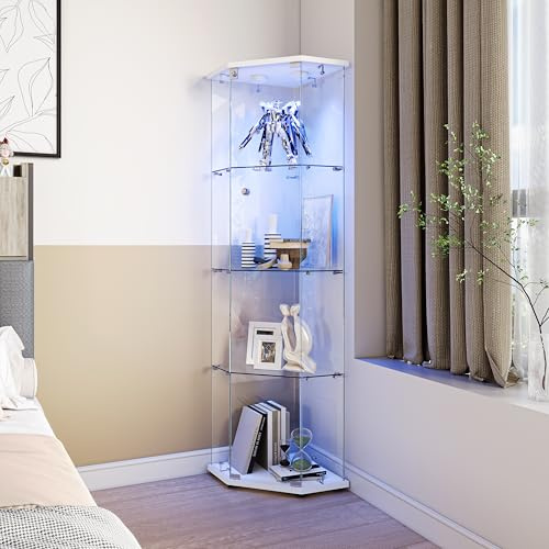Vitrina Pentagonal con iluminación LED, vitrina de cristal de esquina, 4 estantes 1 puerta con cerradura, armario de cristal para colección, sala de estar, dormitorio(Blanco B/ 162 x 60 x 42,5 cm)