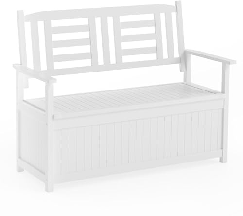 GIANTEX Gartenbank mit 185 L Stauraum, Outdoor Sitzbank aus Massivholz mit Rückenlehne & Armlehnen, 2-Personen Holzbank für Kissen, Gartengeräte & Poolzubehör, 123 x 68,5 x 96 cm (Weiß)