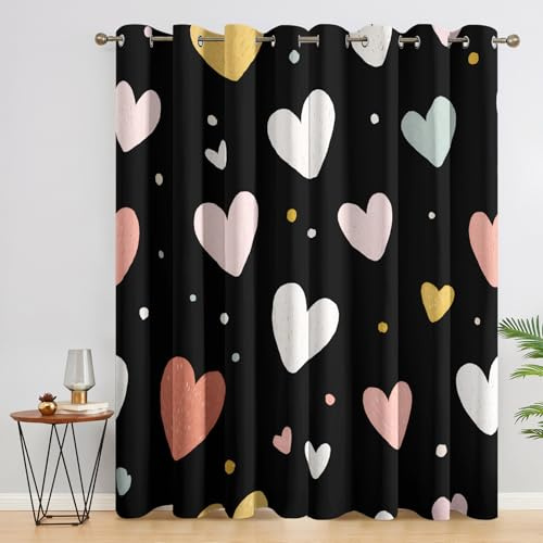 SZLYZM Cartoon Herzen Vorhänge, Verdunklungsvorhänge mit Muster Kinder Mädchen, Vorhang Blickdicht mit Ösen, Gardinen für Wohnzimmer Schlafzimmer Deko 2er Set - 137x117 (H X B) G&H9