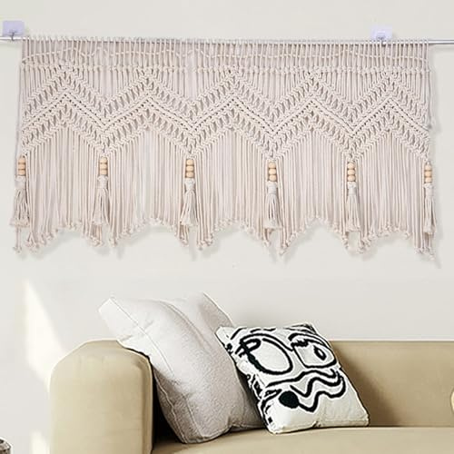 Comebachome Macrame Curtains for, 52x21 Inch Cotton Rope Woven Macrame Valance, Wall Hanging Short Boho Valance for Kitchen Bedroom Bathroom Living Room Balcony Door, Curtains, Boho
