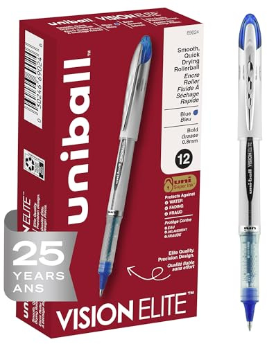 uni-ball Vision Elite Rollerball Pens, Bold Point (0.8mm), Blue, 12 Count