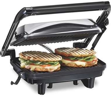 Hamilton Beach Panini Press Sandwich Maker & Electric Indoor Grill with Locking Lid, Opens Wide to Fit Any Thickness for Quesadillas, Burgers & More, Nonstick 8 x 10 Grids, Chrome (25460MNA)