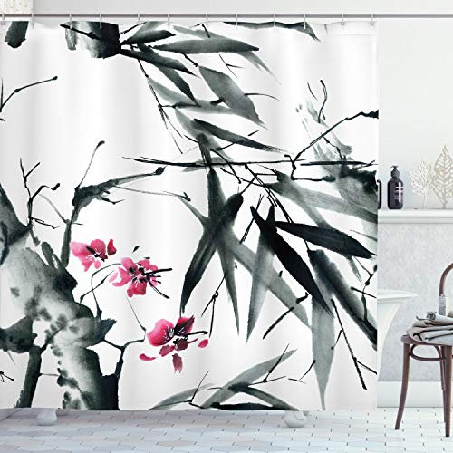 ABAKUHAUS Bambus Duschvorhang, Natural Spring Buds, Stoffliches Gewebe Badezimmerdekorationsset mit Haken, 175 x 180 cm, Dunkelgrün Purpurrot