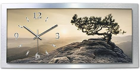 Kreative Feder 3D Designer-Wanduhr Einsamer Baum in modernem Metallic-Design; leise Quarzuhr mit Motiv wahlweise in Zwei Größen (Einsamer Baum, 80x40cm; leises Quarzuhrwerk)