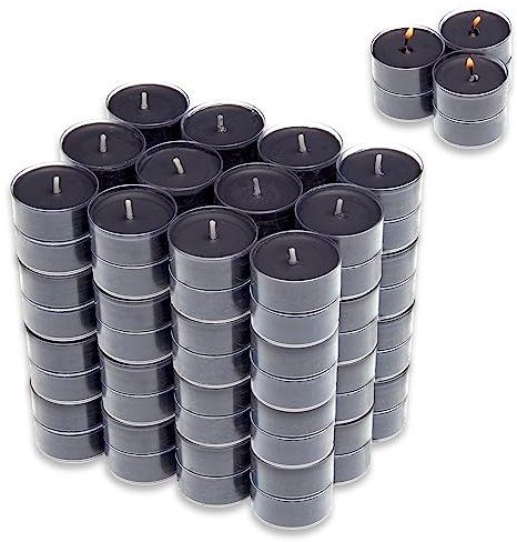 Candelo Lot de 96 bougies parfumées Ambiance – Bougies chauffe-plat parfumées Black Rose – dans un étui en plastique 3,8 x 1,7 cm – 4 heures de combustion – Bougies chauffe-plat noires