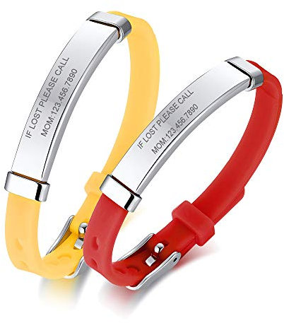PJ JEWELLERY Packung mit 2 farblich abgestimmten, personalisierten Edelstahl-Armbändern aus weichem Silikon für die Kindersicherheit