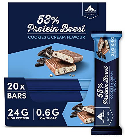 Multipower 53% Protein Boost – 20 x 45 g Protein Riegel Cookies & Cream mit 53% hochwertigem Protein – 24 g Eiweiß und 1,3 g Zucker je Eiweißriegel