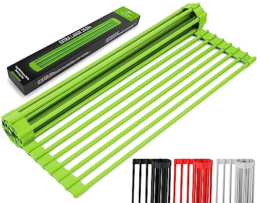 Zulay Kitchen Large Roll Up Dish Drying Rack - Heavy Duty Silicone Wrapped Steel Rods Over Sink Dish Drying Rack - Versatile Roll Up Sink Drying Rack & Trivet - Green,20.5 inches x 13 inches