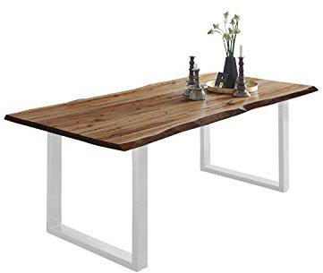 SAM Esszimmertisch 200x100 cm Noah, echte Baumkante, Esstisch aus Akazienholz naturfarben & massiv, U-Gestell in Weiß, Baumkantentisch mit 26 mm Platte