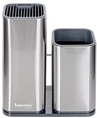 Innoteck Essentials 3in1 Stainless Steel Knife Block Plus Utensil Holder Set - Kitchen Cutlery, Utensil, Knife Organizer - Kitchen Countertop Storage Aid - Space Saving Kitchen Knife Holder with Slots
