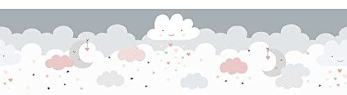 Wolken Tapete Bordüre selbstklebend für Kinderzimmer | Vliestapete mit Sternen in Rosa und Grau | Baby Tapetenbordüre für Mädchenzimmer