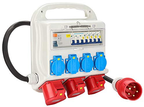 Randaco Interruttore di protezione FI, 2xCEE 400 V/16 A+4x230 V, Schuko IP44, distributore di corrente a 5 poli, distributore con cavo, coperchi di sicurezza per cantieri