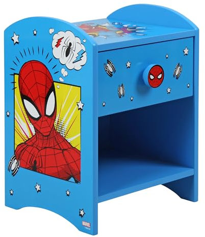 Spider-Man Nachttisch, stabile Holzwerkstoff-Konstruktion mit 2-stöckigem Design für reichlich Stauraum, kleiner Beistelltisch mit Schublade und Ablagefach für Kinderzimmer