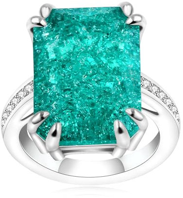 Uloveido Rechteckiger Stein Halo Zeigefinger Jahrestag Ringe für Frauen Imitierter Paraiba Turmalin Schmuck, grüner Zirkonia-Ring, P1/2 (57mm), Paraiba, Paraiba Turmalin