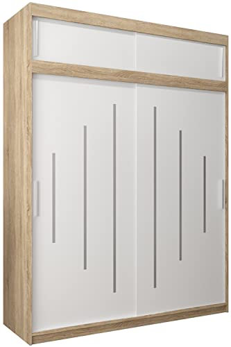Kryspol Schwebetürenschrank York 180 cm Kleiderschrank mit Kleiderstange und Einlegeboden Schlafzimmer- Wohnzimmerschrank Schiebetüren Modern Design (Sonoma + Weiß mit Erweiterung)