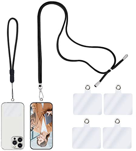 TIESOME 2 Stück Handykette Universal mit 4er Transparente Ersatz, Handy Band Zum Umhängen Verstellbares Telefonband für alle Smartphone Umhängeband für Meisten Handyhüllen (schwarz)