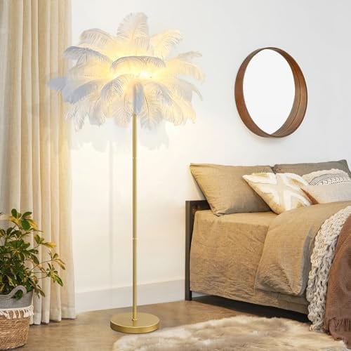 KOSHSH Federlampe Stehlampe Wohnzimmer,Stehlampe Federn Lampe,Palm Tree Straußenfedern Stehlampen,1,6m Hoch 3 Farben Dimmbar,Wohn/Schlafzimmer mit Knopfschalter Dekorbeleuchtung (White)