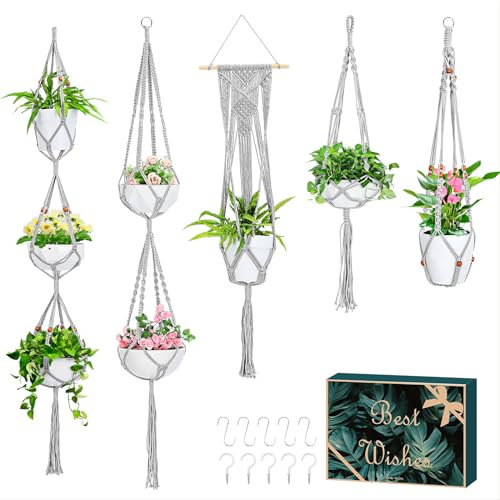 GROWNEER Makramee-Pflanzenaufhänger mit 5 Haken, verschiedene Bänder, handgefertigt, Baumwollseil, hängende Pflanzgefäße, Halter-Set, Blumentöpfe, Ständer für drinnen und draußen, Boho-Heimdekoration,