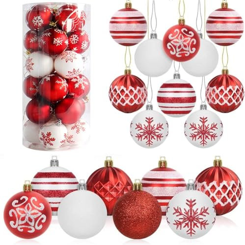 LATERN 24Pcs Christmas Baubles, 6CM Red and White Christmas Ball Ornaments Shatterproof Hanging Balls Sets for Tree Holidays Home Xmas Party Decoration (8 Styles)