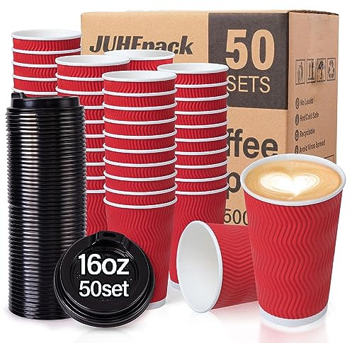 JUHEpack Disposable Coffee Cups With Lids,50 Pack,16 oz Insulated Ripple Wall Paper Coffee Cups,To Go Iced Coffee Cups for Hot and Cold Beverages Tea Hot Chocolate Drinks (Red, 16oz-50)