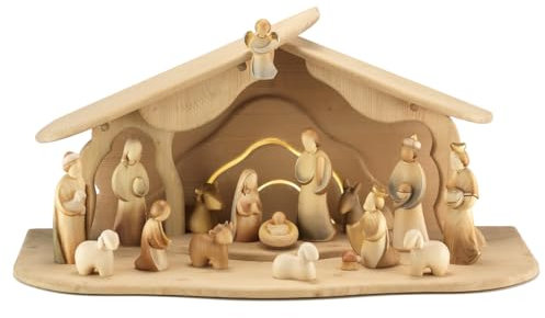 ArteSacraCaravaggio Weihnachtskrippen-Set 17 Stück à 12 cm mit Hütte, geschnitzt aus Holz von Valgardena von Hand dekoriert, handwerkliche Herstellung