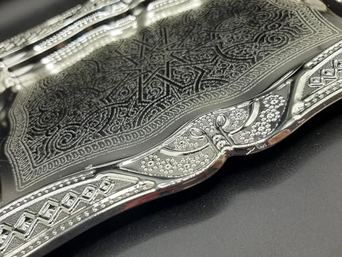 bandejas marroqui rectangular con garbados para servir el te ayudante de buffet, bandeja de acero inoxidable con borde decorativo, asas de zinc fundido a presión, cromado plata 44cm (mediano)
