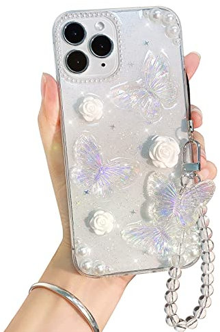 NITITOP Compatible with iPhone 11 Pro Max Case Cute Clear 3D Butterfly with Flower Floral Pearl Glitter for Girls Women Soft TPU Shockproof Protective Cover Girly - iPhone 11 Pro Max