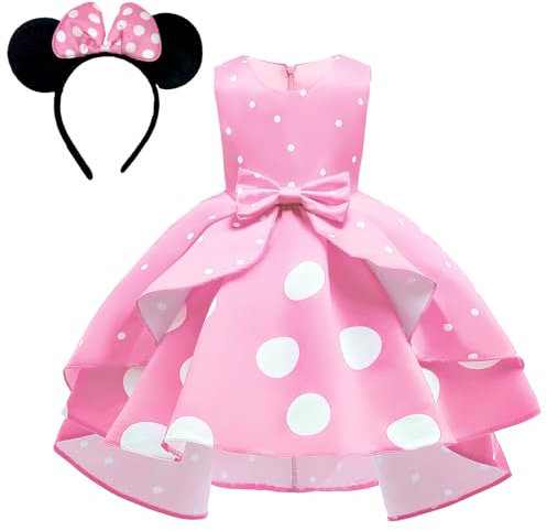 BJPERFMS Vestito Minnie Bambina, Ragazza Minnie Pois Abito da Principessa Costumes, con Cerchietto Minnie, Cerchietto Orecchie del Topo, per Feste di Compleanno, per 3-4 Anni
