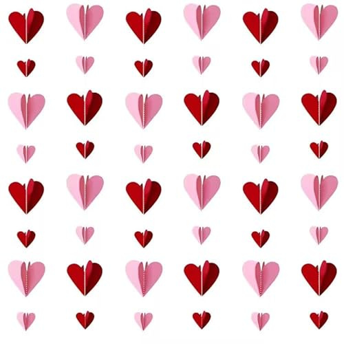 19.7Ft Valentines Day Decorations 3D Heart Garland Paper Hanging Streamers 32 pcs Red Pink String Red Heart Shape Ornament for Mothers Day Valentines Anniversary Wedding Birthday Party Supplies