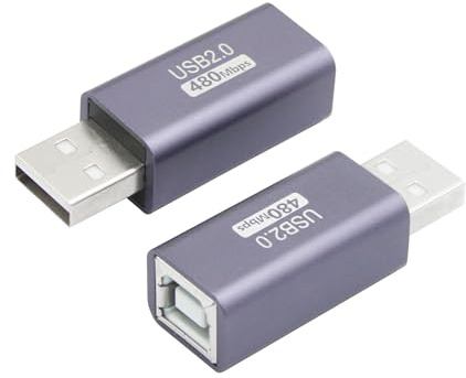 USB 2.0 B Type Connector Adapter, USB A Male to USB B (MIDI) Female Power and Data Extension Adapter, Aluminum Alloy Housing, for Electronic Piano, Printer, Scanner etc, 2Pcs