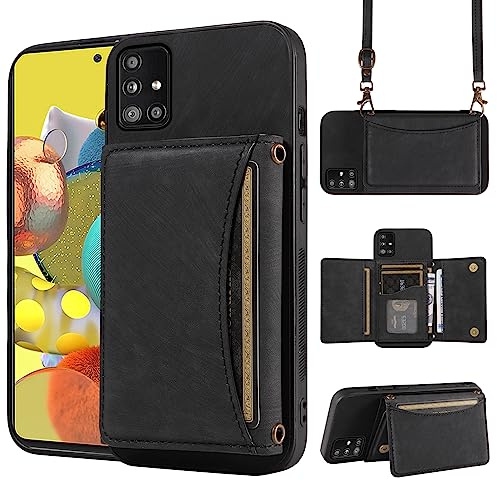 ELISORLI Handyhülle für Samsung Galaxy A51 5G/A 51 5G UW Verizon Wallet Cover mit Crossbody Schultergurt und Leder Kreditkartenfach Slim Stand Handy Zubehör 51A G5 S51 Mädchen Schwarz