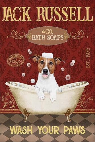 Vintage Metall-Blechschild Jack Russel Hund Bad Seife Lustige Badezimmer Schilder Wanddekoration Vintage Home Waschraum WC Bad Schilder Wandschild Dekor 20,3 x 30,5 cm