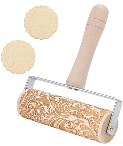 DELORIGIN Wooden Embossed Rolling Pin 3D Snowflake Flower Rattan Dough Roller Baking Biscuits DIY Kitchen Tool Baking Accessories for Homemade Bakery Pastry Cookie Fondant Dough Pizza Desserts