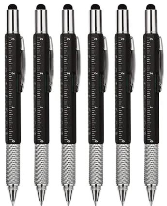 JOMPENS 6Pcs 0.5mm 6 In1 Multifunction Ballpoint Pen with Handheld Tool Measure Technical Ruler Two Screwdriver Touch Screen Stylus Spirit Level (Black)