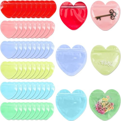 BLPRKOT 60 Pezzi Sacchetti per Gioielli,Sacchetti Plastica Richiudibili per Gioielli a Forma di Cuore,Bustine Trasparenti Piccole per Riporre Gioielli per Anelli,Orecchini,Bracciali (6 colori