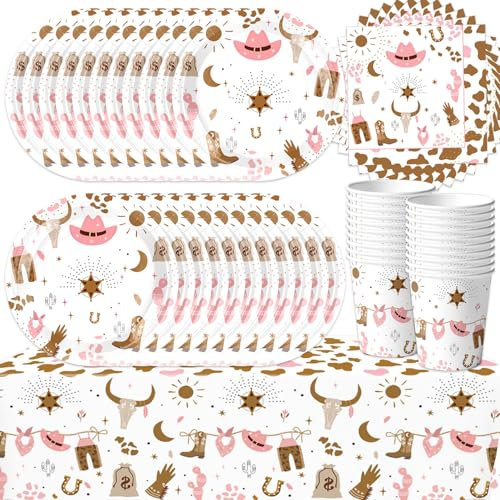 61Pcs Cowboy Party Tableware Set, Western Cowgirl Birthday Party Decorations, Western Cowgirl Tableware Includes Plates, Paper Napkins, Paper Cups, Tablecloth (20 Guests)