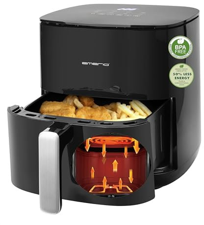 EMERIO Heißluftfritteuse mit 5L XL Volumen | für bis zu 4 Personen geeignet | neue Technologie: zwei Heizelemente aus Edelstahl (oben+unten) | 8 Automatikprogramme | BPA-frei | 2000W | AF-131797.1