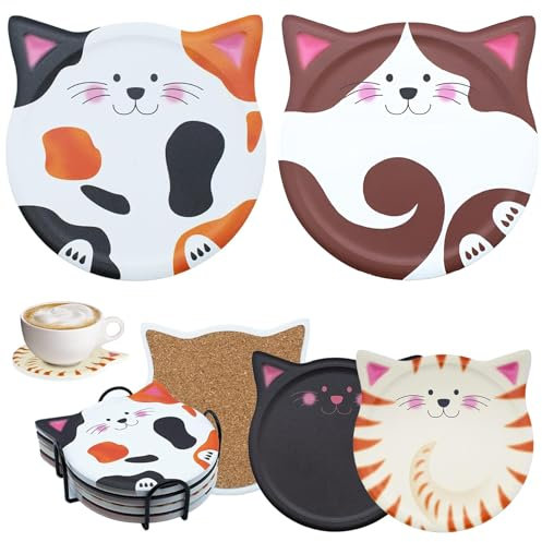OT-NVWOZR 4 posavasos de cerámica de dibujos animados de gatos con soporte de metal, posavasos absorbentes con base de corcho, base de corcho antideslizante para tazas, vasos de cristal y té