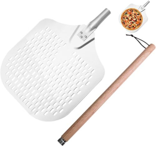 Perforated Pizza Peel with Removable Handle, Metal Pizza Spatula Paddle for Effortless Pizza Transfer & Easy Storage, Outdoor Pizza Oven Accessories