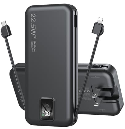 Portable Charger Built-in Cables and AC Wall Plug, 12000mAh power Bank, USB C 22.5W Fast charging Phone Charger ,Compact Lightweight External Battery Pack for iPhones, iPad, Samsung，Tablets, etc.