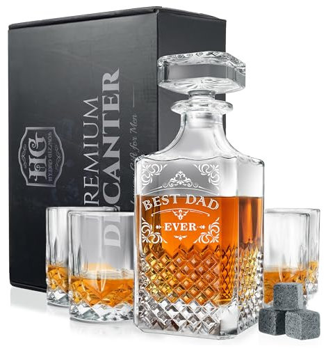 Luxury Gift For Men - Best Dad Ever - Unique Engraved Whiskey Decanter Set For Beloved Dad Christmas or Birthday Gift – 4 Whiskey Glasses And Decanter Set Is a Great Gift Idea for Whisky, Bourbon