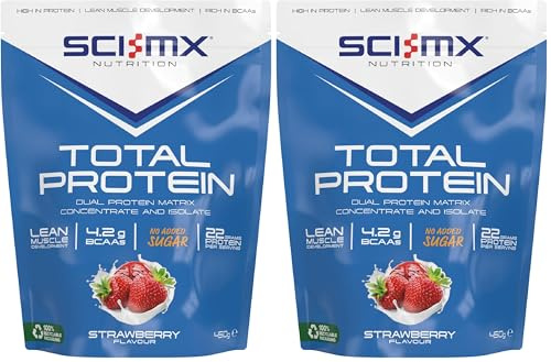 SCI-MX Total Protein - Dual Protein Concentrate & Isolate Protein Powder - Lean Muscle Development - Strawberry • No Added Sugar • 4.2g BCAAs + 22g Protein per Serving • 450g (Pack of 2)
