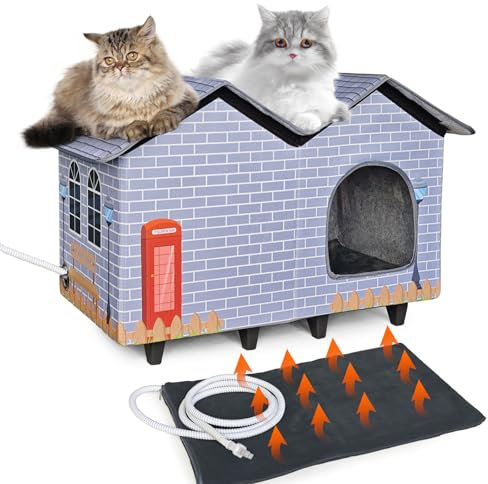 NAMOTEK Beheizte Katzenhäuser für drinnen und draußen, mit erhöhtem, beheiztem Katzenbett, bietet sichere Wildkatzen, einfach zu montieren, groß (58,4 x 33 x 45,7 cm)