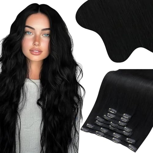 Moresoo Echthaar Clip in Extensions Schwarz 135g Remy Voller Kopf 40cm 7PCS | Remy Echthaar,Tiefschwarze Farbe,Seidige Haarstruktur,Natürlicher Übergang,Mehr Volumen Für Einen Vollen Look