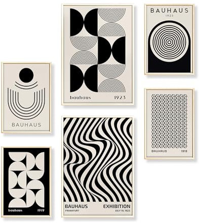 Heimlich® 6er Poster Set mit Bilderrahmen Alu Gold | Bauhaus Minimalistische Kunst Bilder Wohnzimmer | Geometrische Muster | Poster & Kunstdrucke Schwarz Weiß | 2X A3 (30x42 cm) & 4X A4 (21x30 cm)