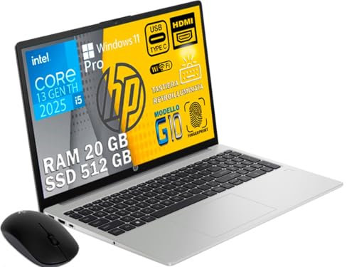 HP 250 G10 Notebook portatile Silver, RAM 20GB, SSD 512GB, Display FullHD 15.6, processore Intel i5-1334U 10 Core da 4,6 GHz, tastiera retroilluminata, fingerprint, Win11 Pro, pronto All'uso, Ita