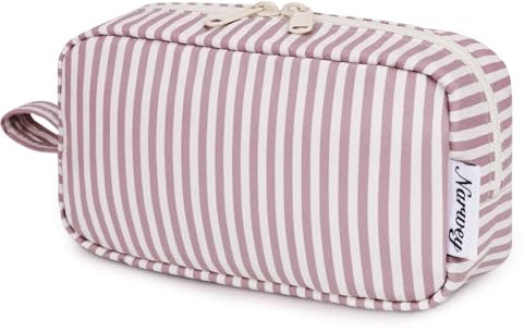 Narwey Make-up Taschen für Unterwegs Kleine Kosmetiktasche Leichter Kulturbeutel Reißverschluss Tasche Make-up Tasche für Damen und Herren (Staubige Rose Streifen,Klein)
