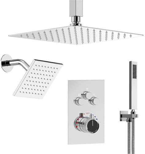 SWHC Duschsystem mit Thermostat, 3 Funktionen Unterputz Duscharmatur Set Wandmontiertes Dusche Regendusche Set Messing Duschgarnitur mit 2 Regendusche, Handbrause