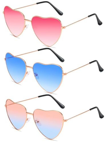 LIURFLNC 3 Paar Sonnenbrille Herzform, Rosarote Brille, Retro Hippie Herz Sonnenbrille, Lustige Herzbrille für Kinder Herren Damen Fasching Party Hippie Chic Foto Requisiten & Kleid Accessoires