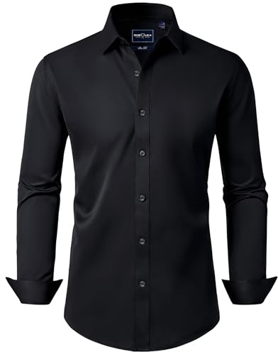 DEMEANOR Men's Long-Sleeved Business Shirts for Men Slim Fit Shirts Men's Non-Iron Shirts Casual Shirt Men, All black, M